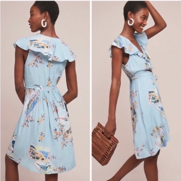 Anthropologie Dresses & Skirts - Maeve By Anthropologie Rosalia Ruffled Wrap Blue Floral Dress